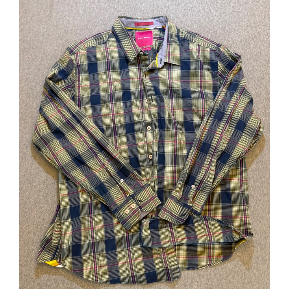 Tommy Bahama Island Modern Fit Plaid Button Down Shirt XL T35305 Navy Yellow